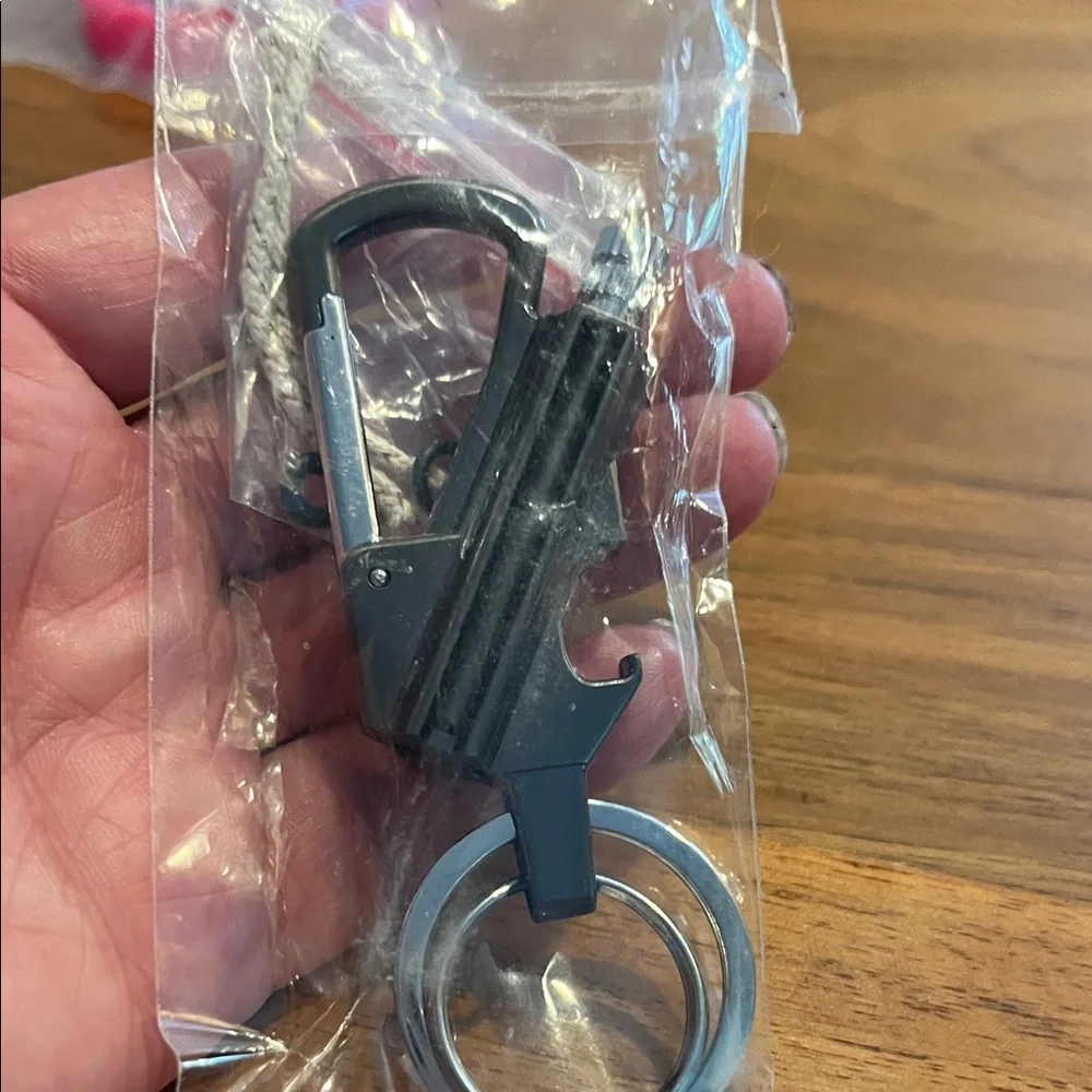 Black Keychain flint matches can opener with Carabiner Clip